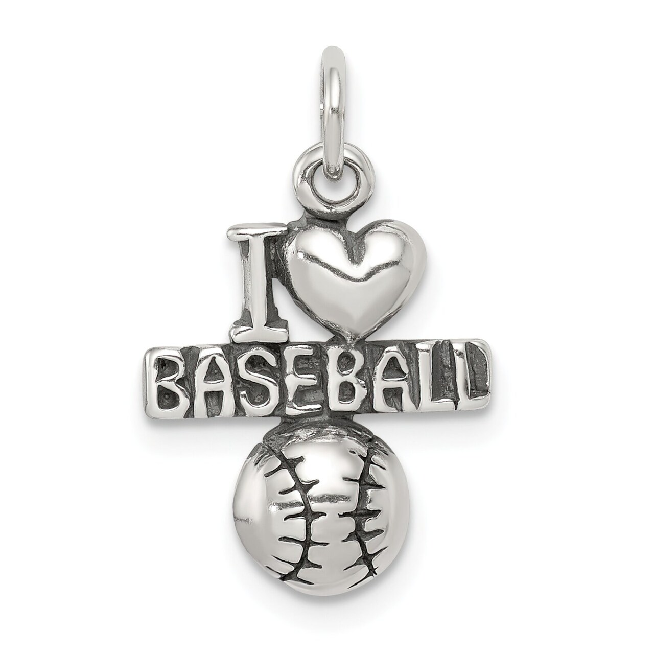Sterling Silver Antiqued I Love Baseball Charm Pendant Jewerly 16mm x 13mm